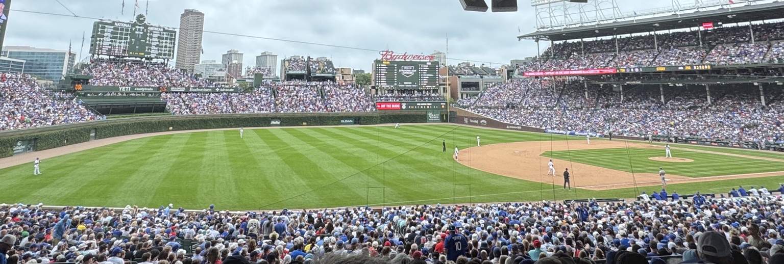 View of Wrigley Field during a Chicago Cubs baseball game with kids