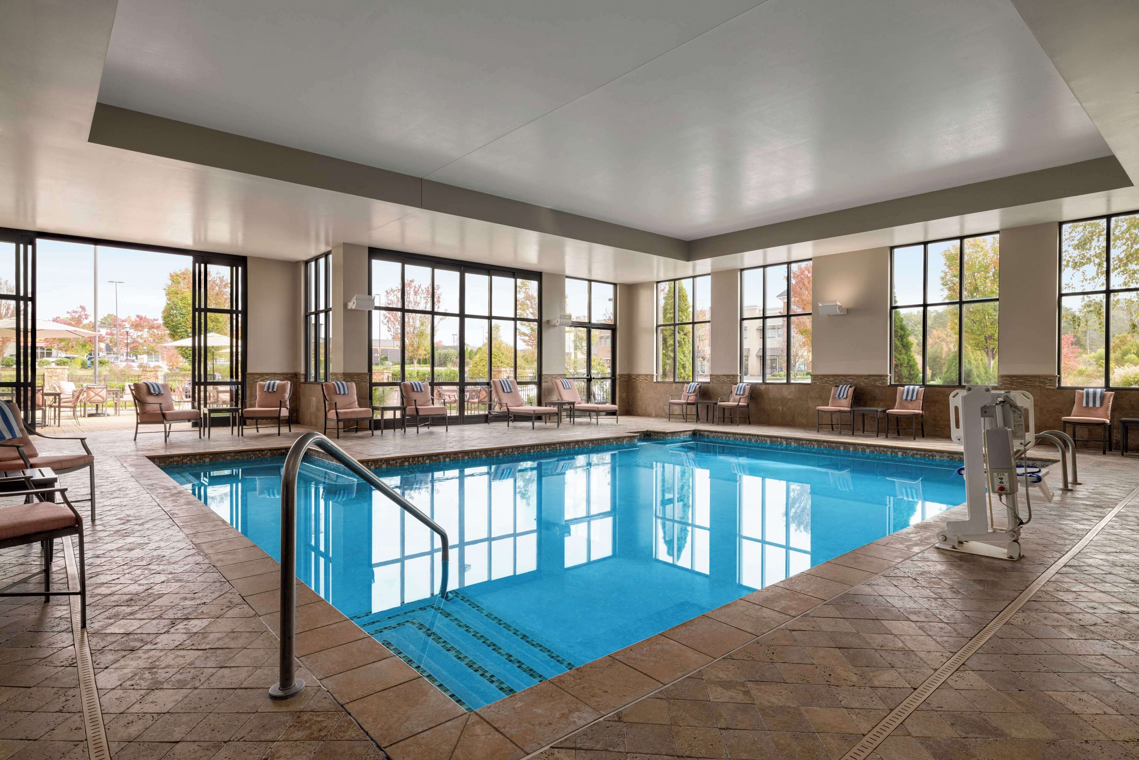 Embassy Suites Chattanooga Hamilton Place hotel pool during a family road trip to Ruby Falls and Rock City
