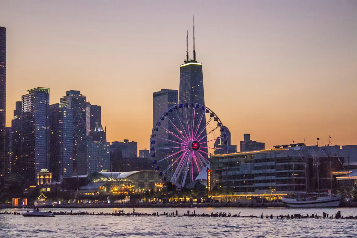 Centennial Wheel ferris wheel at Navy Pier in Chicago with blue sky background