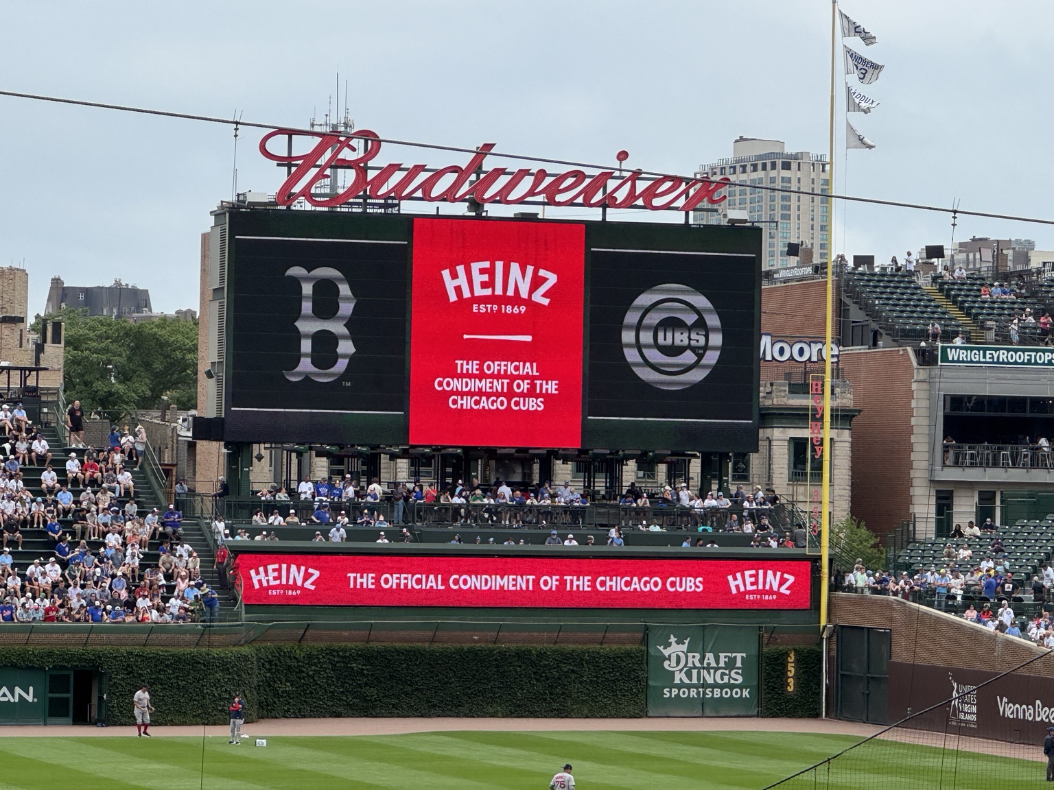 Historic scoreboard at Wrigley Field during a Chicago Cubs game