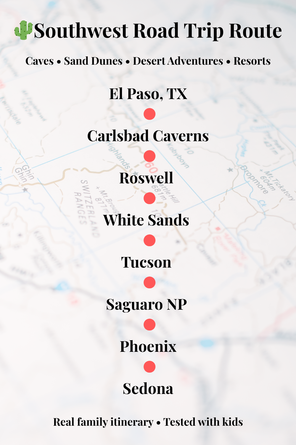 Southwest road trip route map from El Paso to Phoenix including Carlsbad Caverns White Sands Tucson Sedona