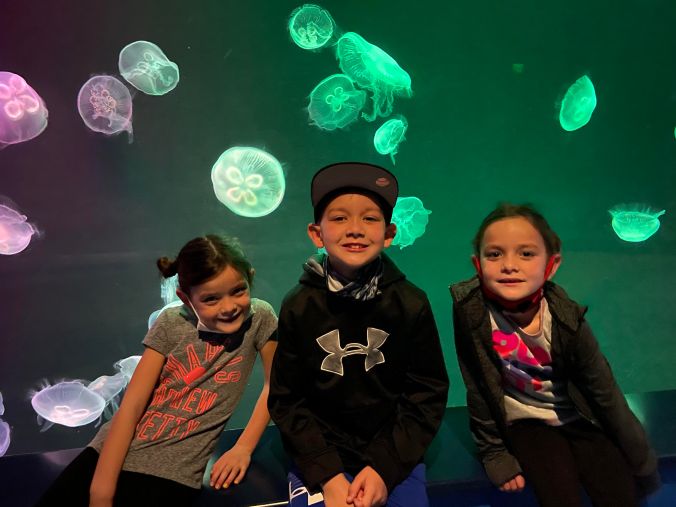 Kids sitting in front of colorful jellyfish at Georgia Aquarium