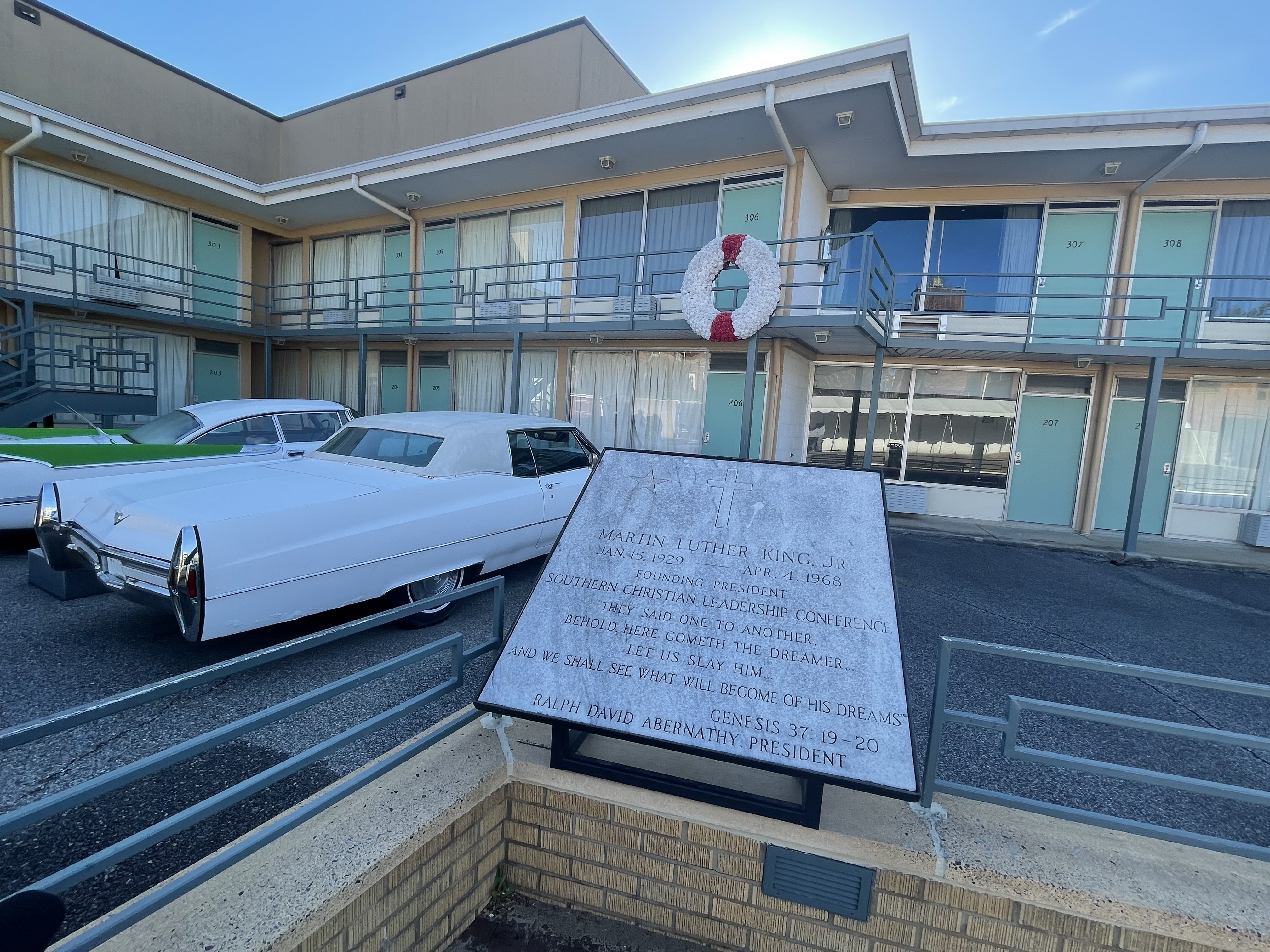Historic Lorraine Motel balcony and memorial at the National Civil Rights Museum in Memphis Tennessee