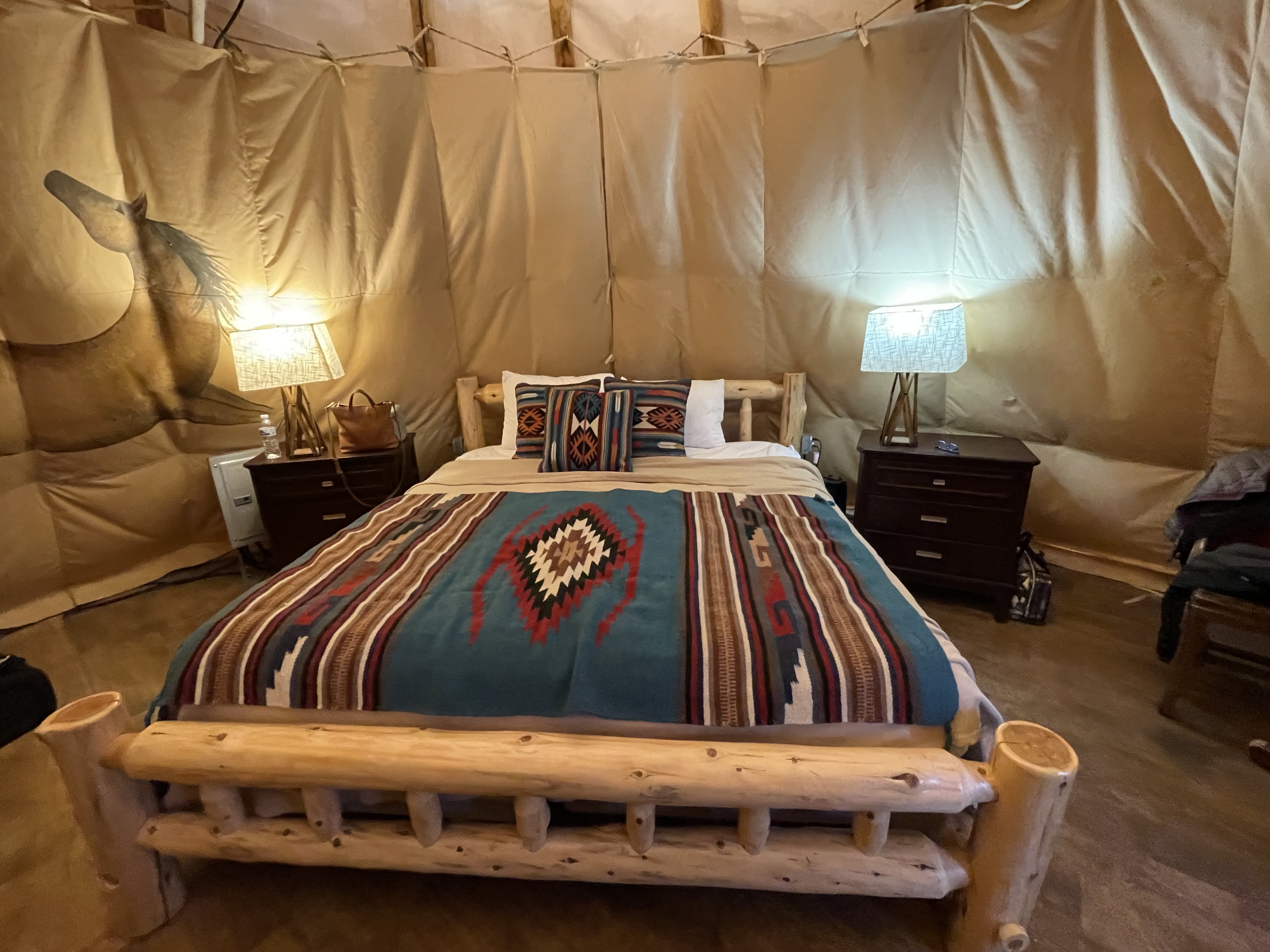 Inside a family teepee stay at Orr Family Farm in Oklahoma City