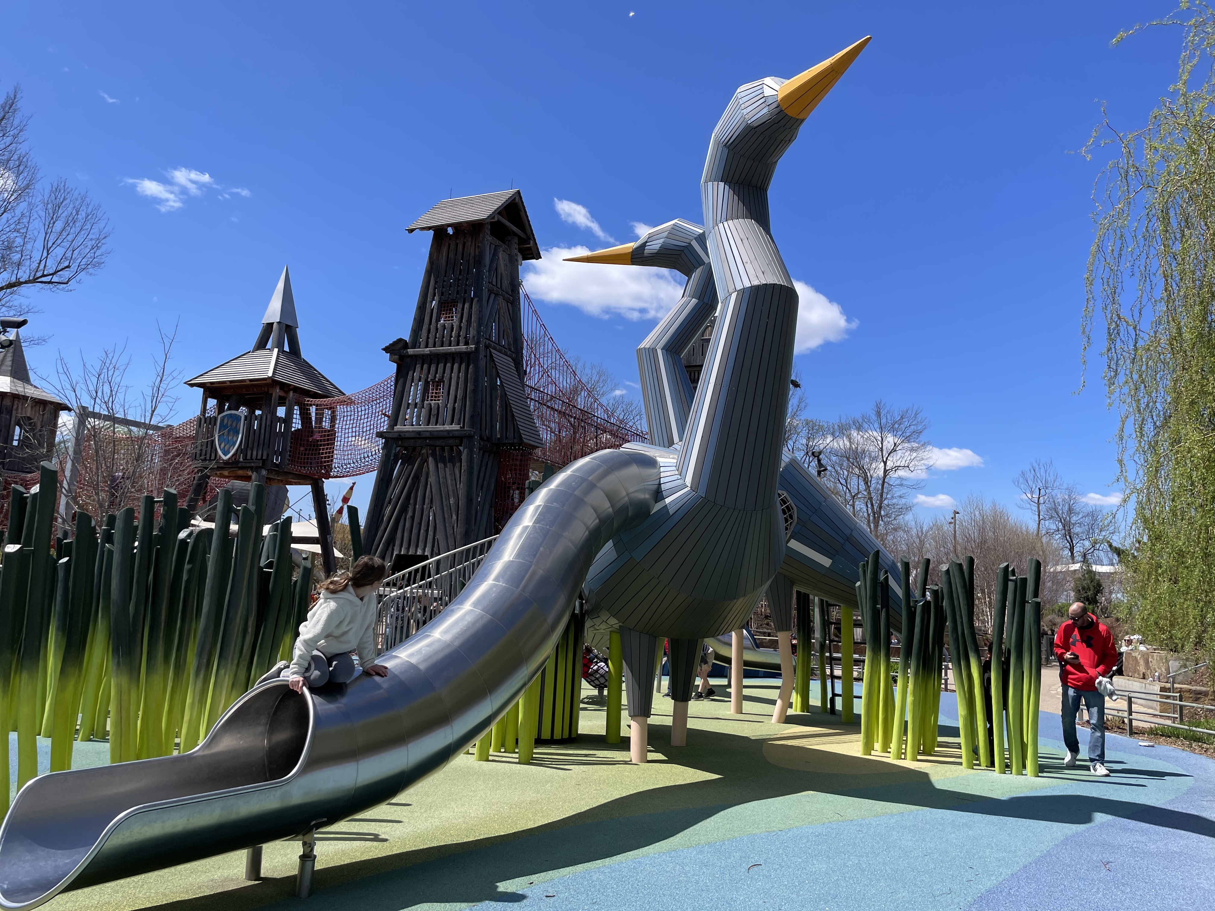 Large bird-themed playground with giant slides at Scissortail Park in Oklahoma City