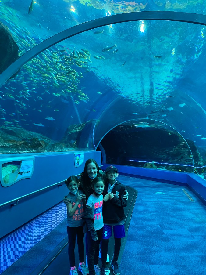 Family standing inside the Georgia Aquarium underwater tunnel surrounded by blue ocean exhibits and marine life overhead.