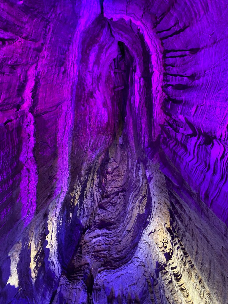 Colorful cave formations illuminated inside Ruby Falls cave on Lookout Mountain in Chattanooga Tennessee