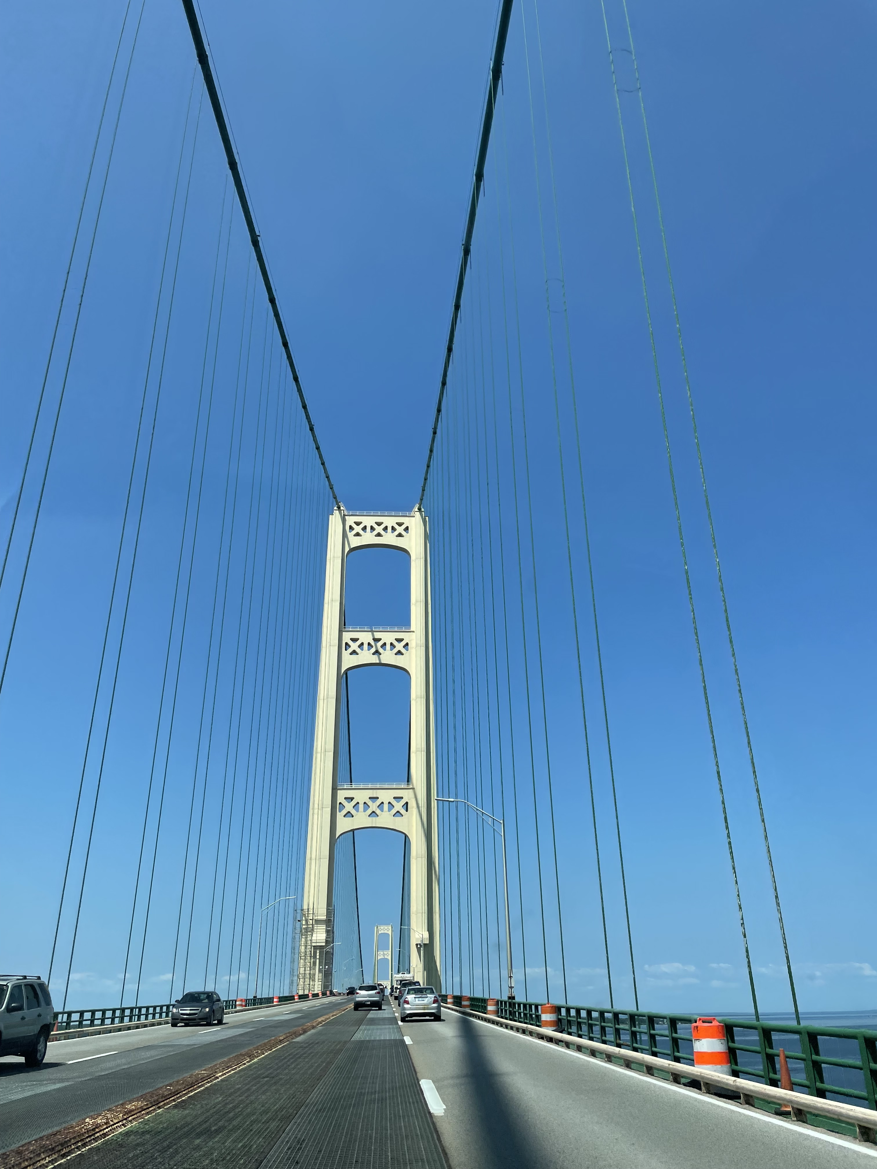 Driving across the Mackinac Bridge during a northern Michigan family road trip
