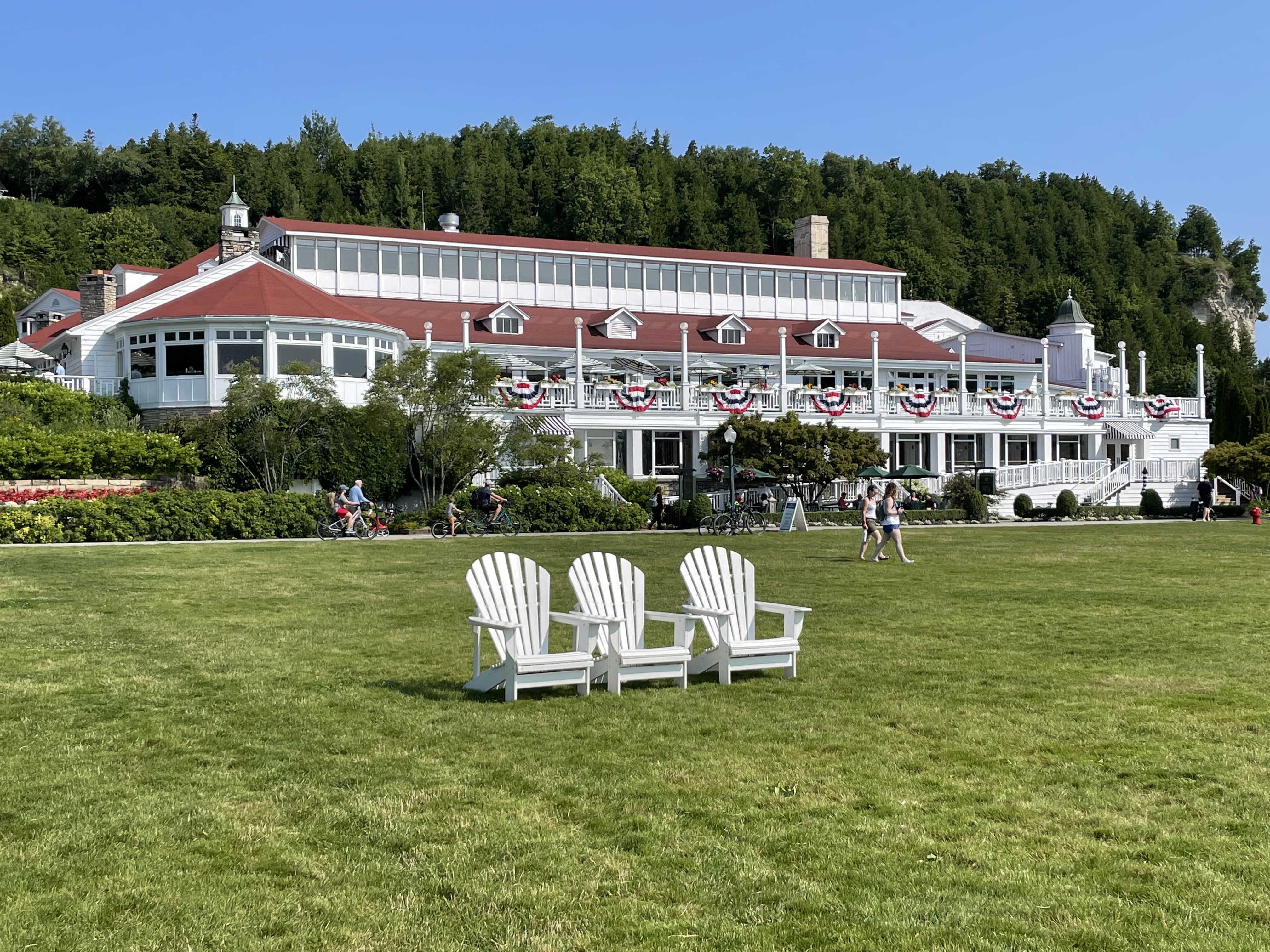 Family visiting the Grand Hotel area on Mackinac Island during a Michigan family trip
