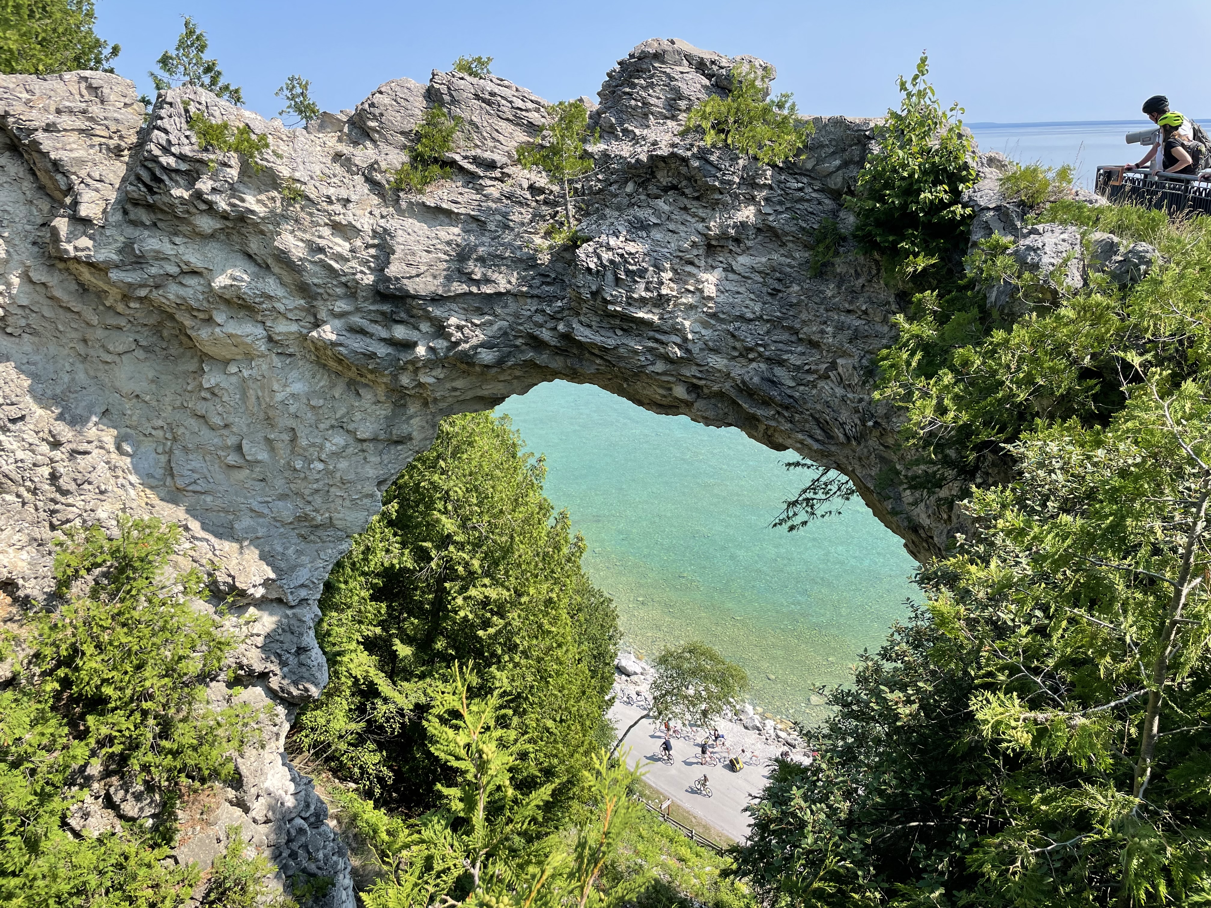 Arch Rock on Mackinac Island with turquoise Lake Huron water below
