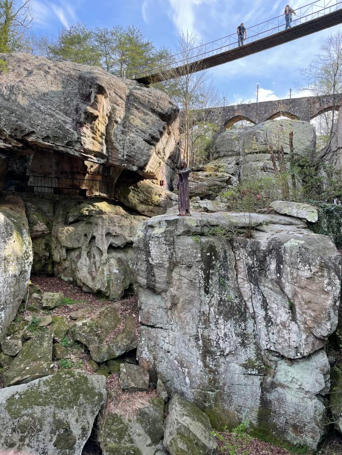 Large rock formations and walking pathways at Rock City Gardens on Lookout Mountain in Tennessee.