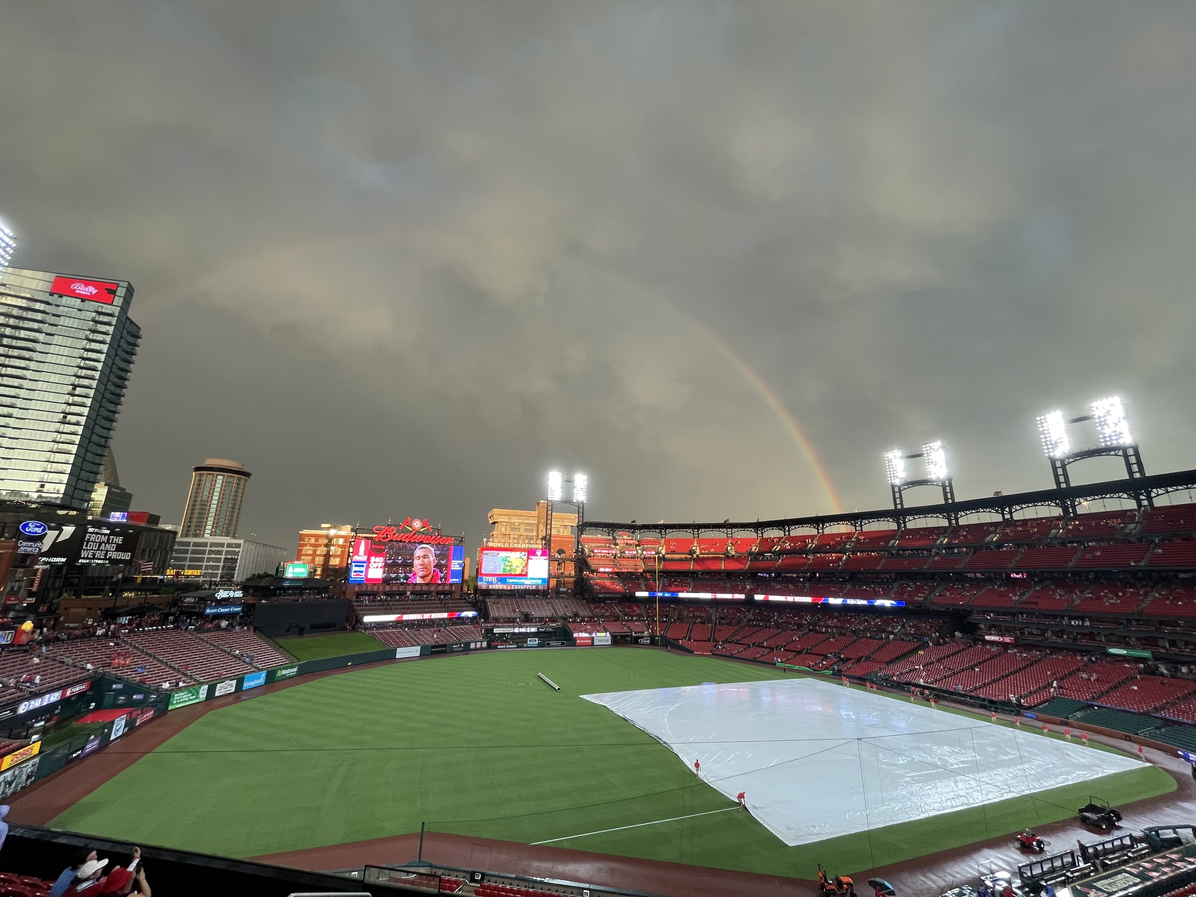 Rainbow appearing over Busch Stadium after a storm in St. Louis Missouri